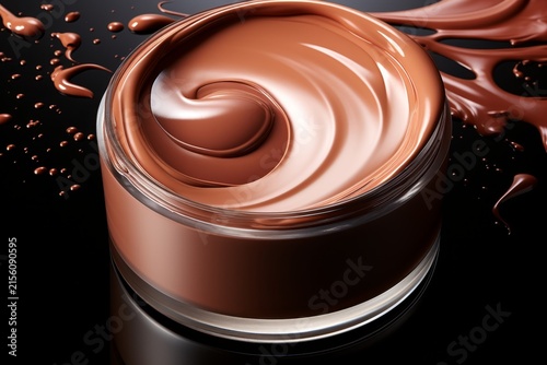 Cosmetic tonal brown cream in a jar . A cosmetic jar with liquid splashes
