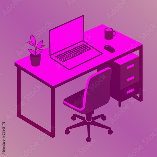 Minimalist isometric workspace laptop desk office table graphic illustration background