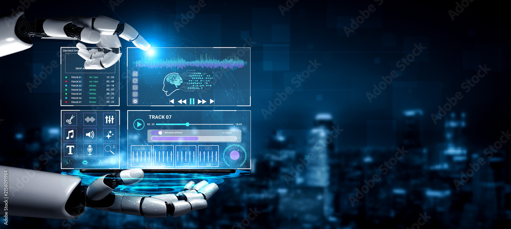 Obraz premium Advanced Artificial Intelligence Concept with Robot Hand Interacting with Digital Interface and Data Visualization in Futuristic Environment. Sentient.