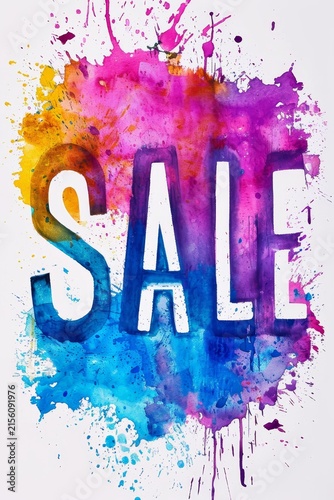 the typographic inscription SALE made in colored paints on a white background. There are splashes of paint all around . Illustration