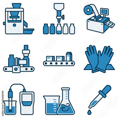 Industrial manufacturing and laboratory icon set showing production