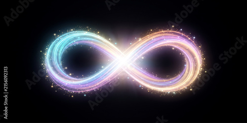 Konstfotografi Illuminated infinity symbol glows with pastel colors against a dark background loop endless eternity