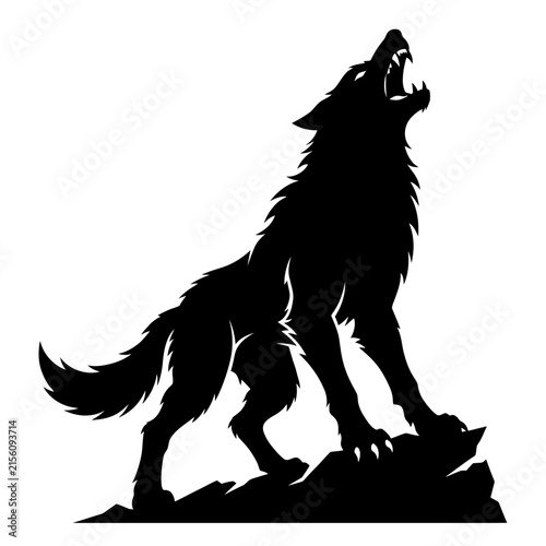 Canvas Print Silhouette of howling wolf standing on rocky cliff