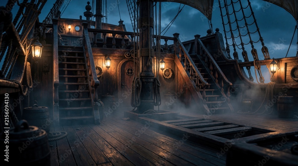 Fototapeta premium Old wooden pirate ship deck with lanterns and rigging at night. Mist swirls around the stairs and barrels on the empty aged vessel, hinting at adventure. Background for historic stories.