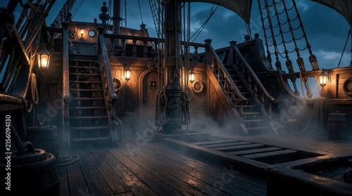 Old wooden pirate ship deck with lanterns and rigging at night. Mist swirls around the stairs and barrels on the empty aged vessel, hinting at adventure. Background for historic stories.