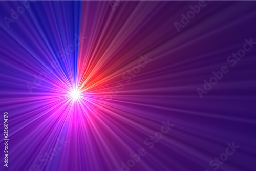 Konstfotografi This image features an abstract dark background with bright, glowing light rays radiating outward from an off-center luminous focal point in vibrant shades of blue, pink, and purple
