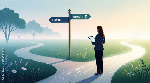 Businesswoman stands at crossroads holding digital tablet. Looks at signpost pointing towards status growth. Two paths diverge in misty landscape. Conceptual illustration represents career decision