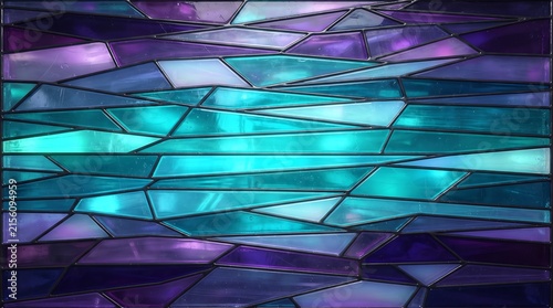 Intricate abstract pattern formed by geometric stained glass panels in vibrant shades of blue teal and purple creating a mosaic effect with dark dividing lines