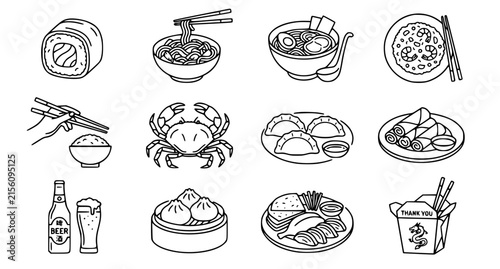 Foto Chinese food linear icons set with sushi noodles ramen fried rice crab beer and