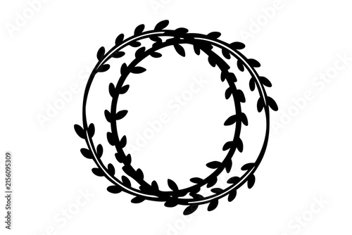 Black outline round frame made of small leaves and vines for natural and organic designs background element.