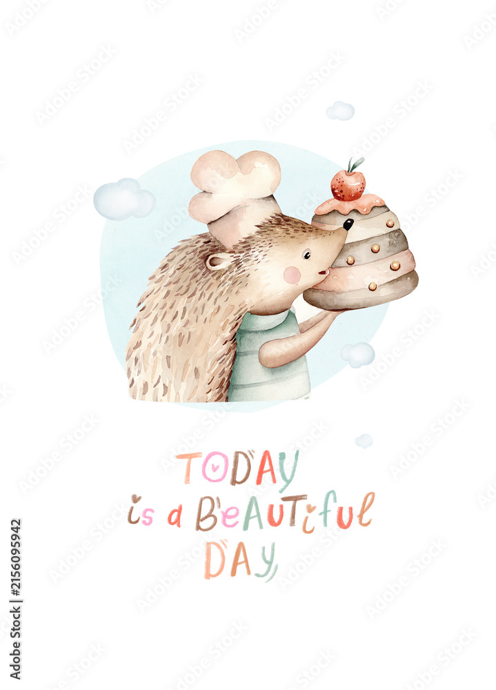 Fototapeta premium Watercolor hand-drawn whimsical illustration of hedgehog chef holding birthday cake with affirmation today is a beautiful day. Ready for print poster for nursery