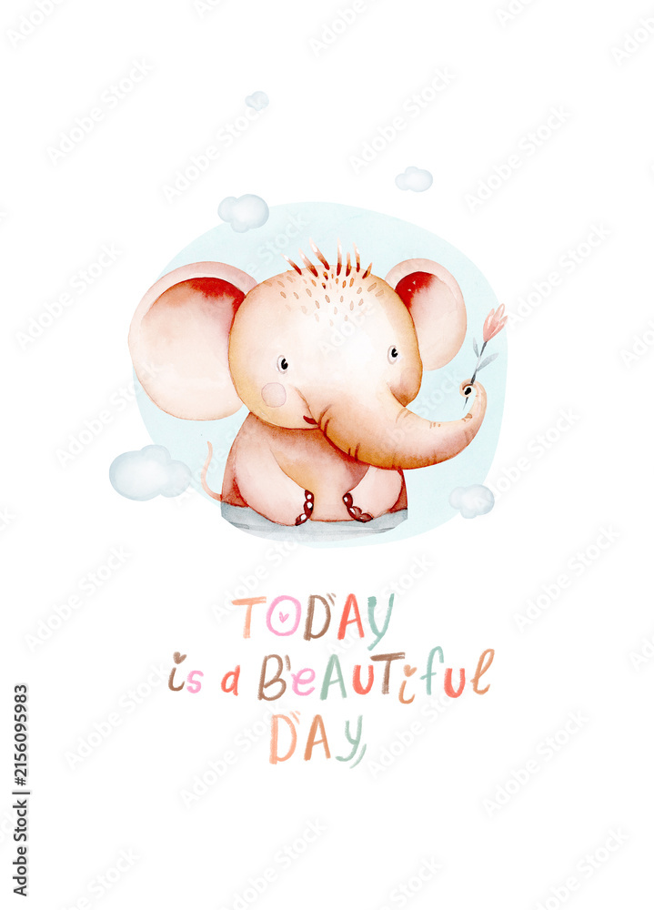 Naklejka premium Watercolor hand-drawn whimsical illustration of elephant in the clouds with affirmation today is a beautiful day. Ready for print poster for nursery
