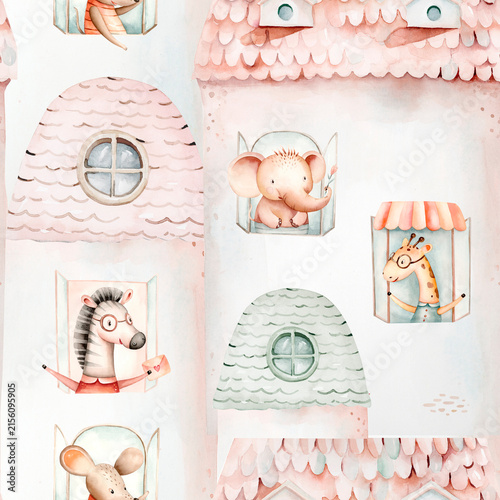 Seamless watercolor pattern children's book illustration, a quaint little house, a cute giraffe and tiny mouse city scene, whimsical hand-drawn cute zebra and elephant animals, repeating background