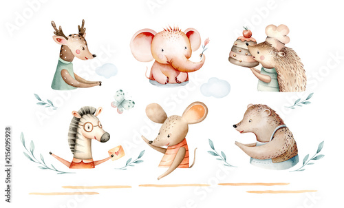 Watercolor nursery Clipart of safari animals elephant and zebra illustration. Cute Woodland hedgehog and mouse. Animal posters for baby shower, kids fawn and bear party decoration