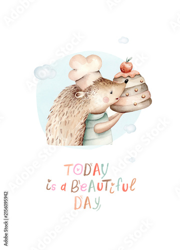 Watercolor hand-drawn whimsical illustration of hedgehog chef holding birthday cake with affirmation today is a beautiful day. Ready for print poster for nursery