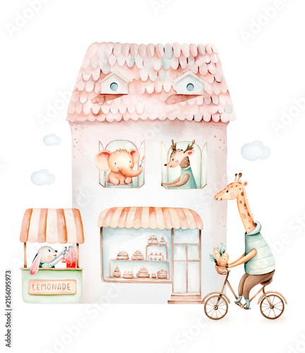 Watercolor children's book illustration of quaint little house, a cute giraffe riding a bicycle, city scene, whimsical hand-drawn cute village animals, Ready for print poster for nursery