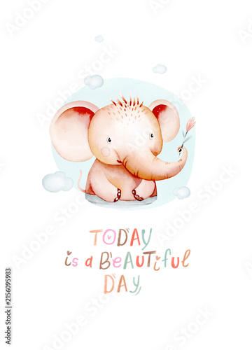 Watercolor hand-drawn whimsical illustration of elephant in the clouds with affirmation today is a beautiful day. Ready for print poster for nursery