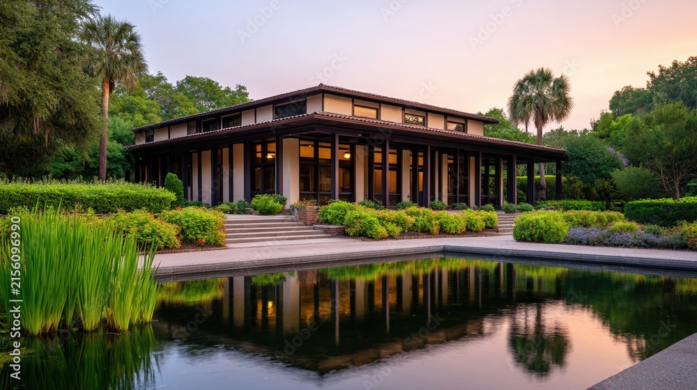 Fototapeta premium Modern pavilion surrounded by lush greenery, reflecting beautifully in a calm pond during sunset.
