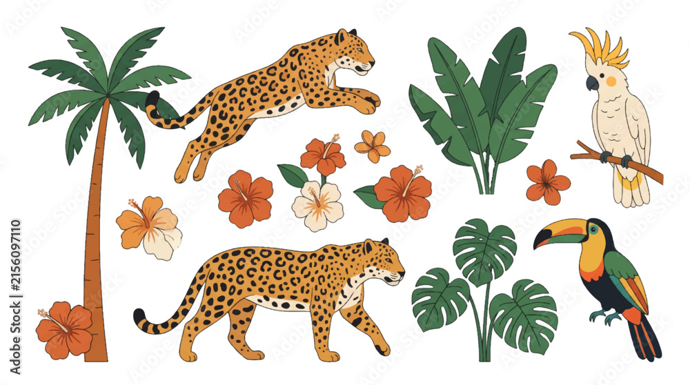 Obraz premium Vibrant collection of tropical elements including jaguars, toucan, cockatoo, palm trees, and lush foliage