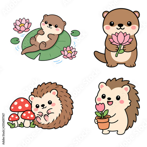 Cute otter cartoon hedgehog cartoon kawaii animal flower mushroom lily pad smiling spring pastel color flat design animal character otter hedgehog
