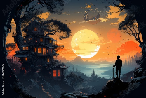 A traveler Looking into the distance against the background of the sky and the moon. Illustration