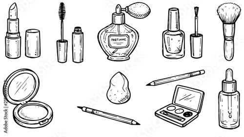 Hand Drawn Beauty and Makeup Cosmetics Vector Doodle Set