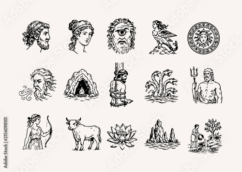 Classical mythological illustration depicting adventure, exploration, heroic voyage, ancient Greece, and the legendary Odyssey. Mediterranean Sea Greek mythology, graphic illustration