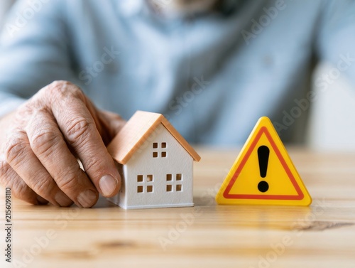 Miniature house model and warning sign on a wooden surface close up photo toy replica