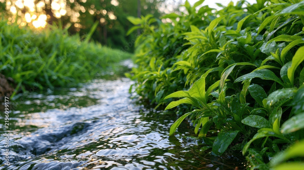 Fototapeta premium Small stream flowing through lush green vegetation a scenic outdoor photograph creek watercourse water river