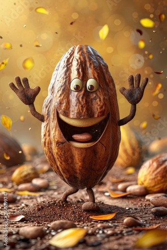 The cute character of the cartoon smiling Cocoa bean waves his hands and greets. 3d illustration