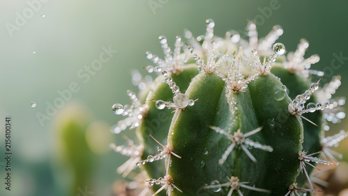 Extreme macro photography of a green desert cactus with sharp spines and crystal clear dew drops