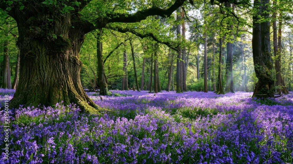 Obraz premium A massive oak tree stands over a dense carpet of purple bluebells in a misty spring forest. This majestic outdoor scene evokes themes of natural growth.