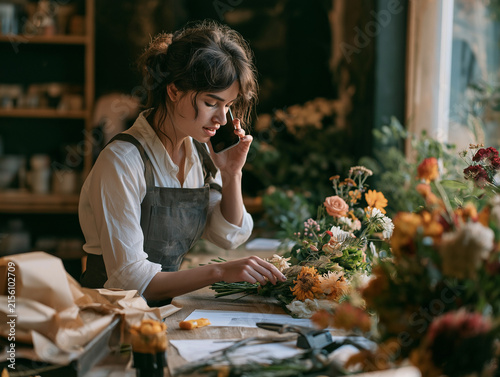 Female florist speaking with a customer on smartphone while arranging fresh flowers at her worktable