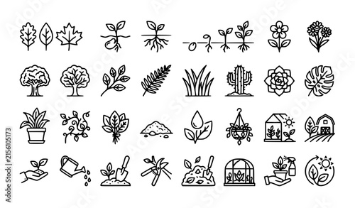Minimal Plant and Nature Thin Line Icons with Editable Stroke Vector Set