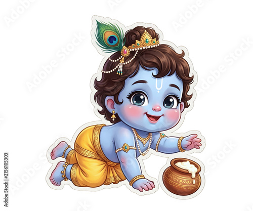 Cute crawling baby krishna illustration with makhan matki and peacock feather adorable bal gopal clipart isolated transparent background janmashtami celebrate