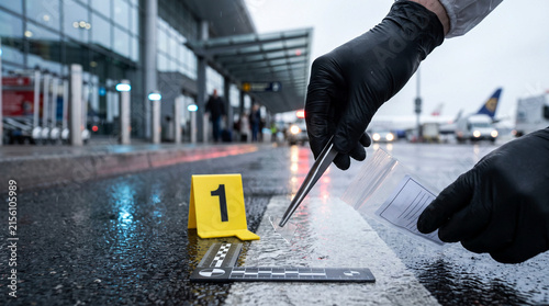 Forensic investigator collecting physical evidence at an airport crime scene using tweezers and an evidence bag, with a numbered marker and measurement scale on a wet surface