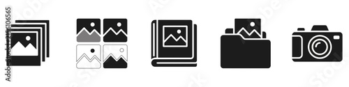 Foto Collection of black and white photo icons representing digital image storage and