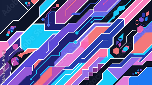 Colorful geometric abstract design with digital 3d blocks and vibrant lines isolated on transparent background, Vector Abstract cyberpunk banner with future tech geometric elements design new 2026