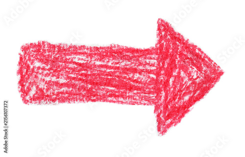 Hand-drawn red crayon arrow shape with rough texture on transparent background