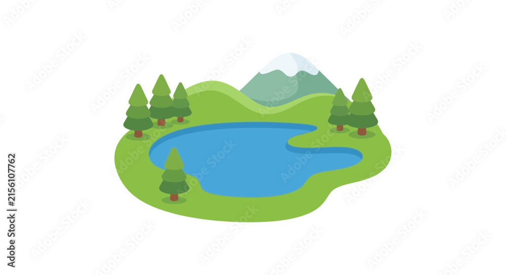 Obraz premium Isometric landscape with lake and mountains features a flat vector illustration on white