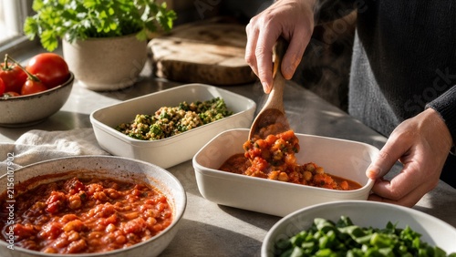 Woman preparing healthy meals for postpartum recovery in kitchen. Homemade nutritious stew portioned into containers.