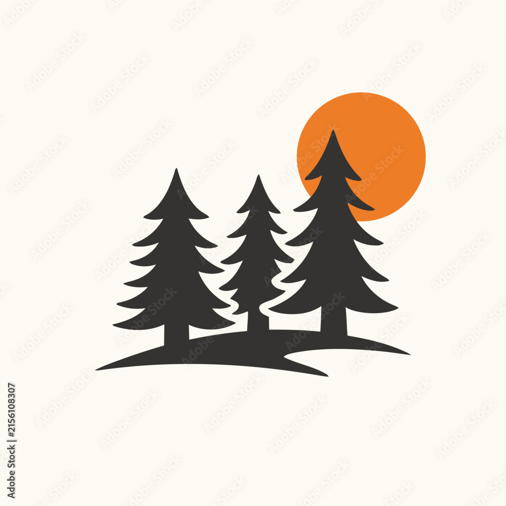 Fototapeta premium Minimal stylized pine tree silhouettes with orange sun. Flat vector illustration.