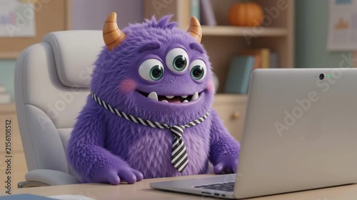 Funny Purple Cartoon Monster in Remote Office Meeting for Halloween