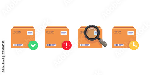 vector illustration of Package Status Icons Set: Delivery, Error, Inspection and Pending Parcel Shipping Symbols for Logistics