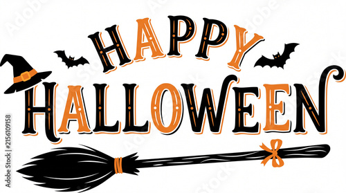 Happy halloween text with witch hat and broomstick