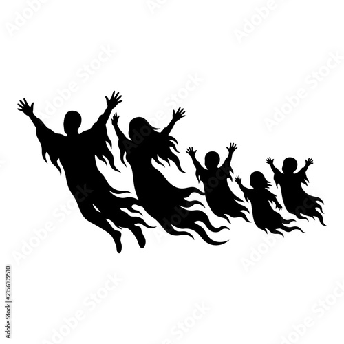 Canvas Print Silhouettes of five ghost-like figures with flowing, ethereal forms and raised arms ascend diagonally on a white background, suggesting a spiritual or supernatural ascension