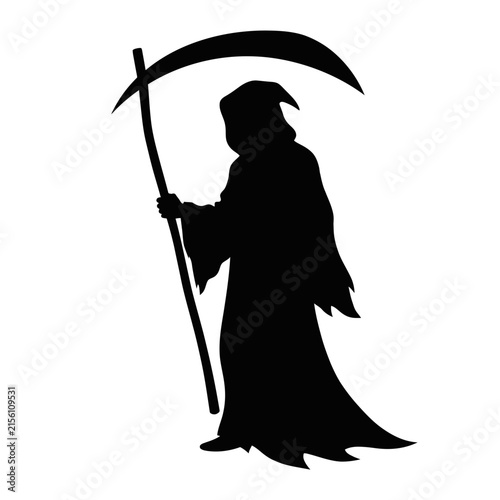 Canvas Print Grim Reaper silhouette stands holding a long scythe in front, showcasing a mysterious and foreboding presence