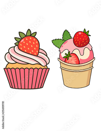 Cute Strawberry Cupcake and Ice Cream Cone Dessert Vector Illustration