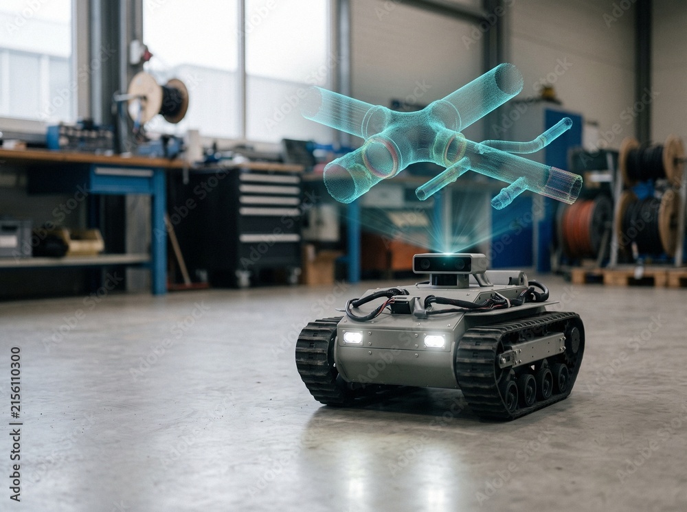 Fototapeta premium Unbranded remote crawler robot projecting holographic 3D pipe inspection sonar scan