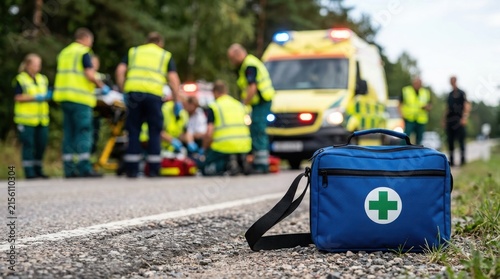 Emergency responders treating patient on highway with ambulance and first aid kit , Dangerous crash accident, Distracted driving, Emergency response, Highway collision